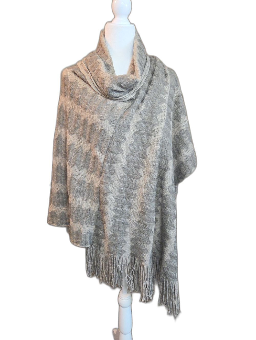 Cozy Knit Fringe Poncho Shrug in Cream and Gray